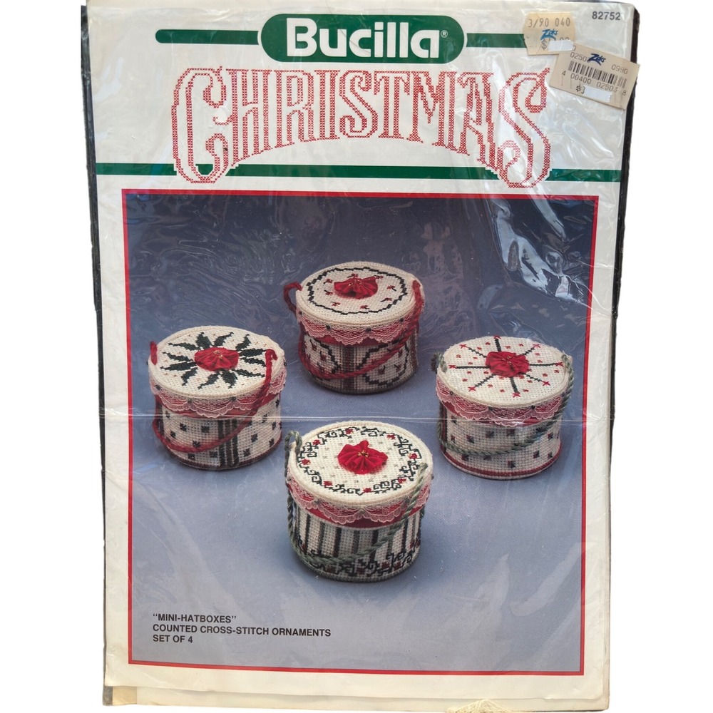 Bucilla Christmas Mini Hat Box Counted Cross Stitch Ornament Kit‎ Set of 4 New